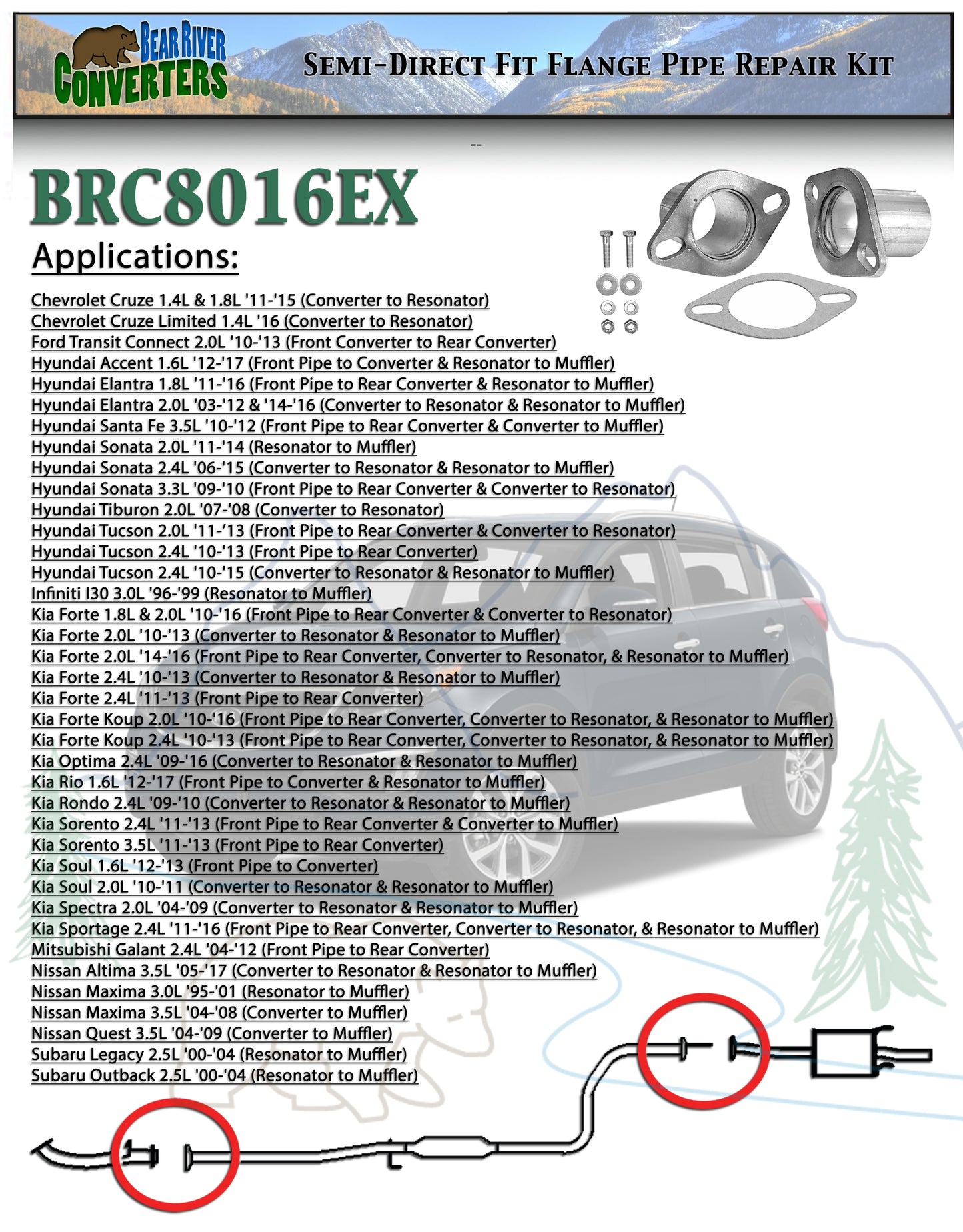 BRC8016EX 2 1/4 "ID Universal QuickFix Exhaust Oval Flange Repair Pipe Kit Gasket