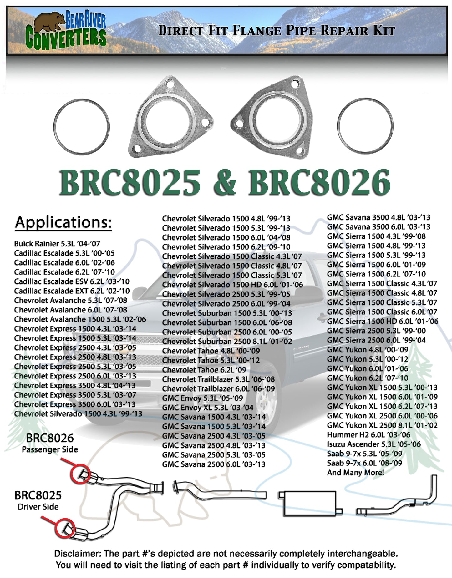 BRC8026 Right Passenger Side Y Pipe Triangle Exhaust Flange w/ Gasket 2 1/2" 2.5"