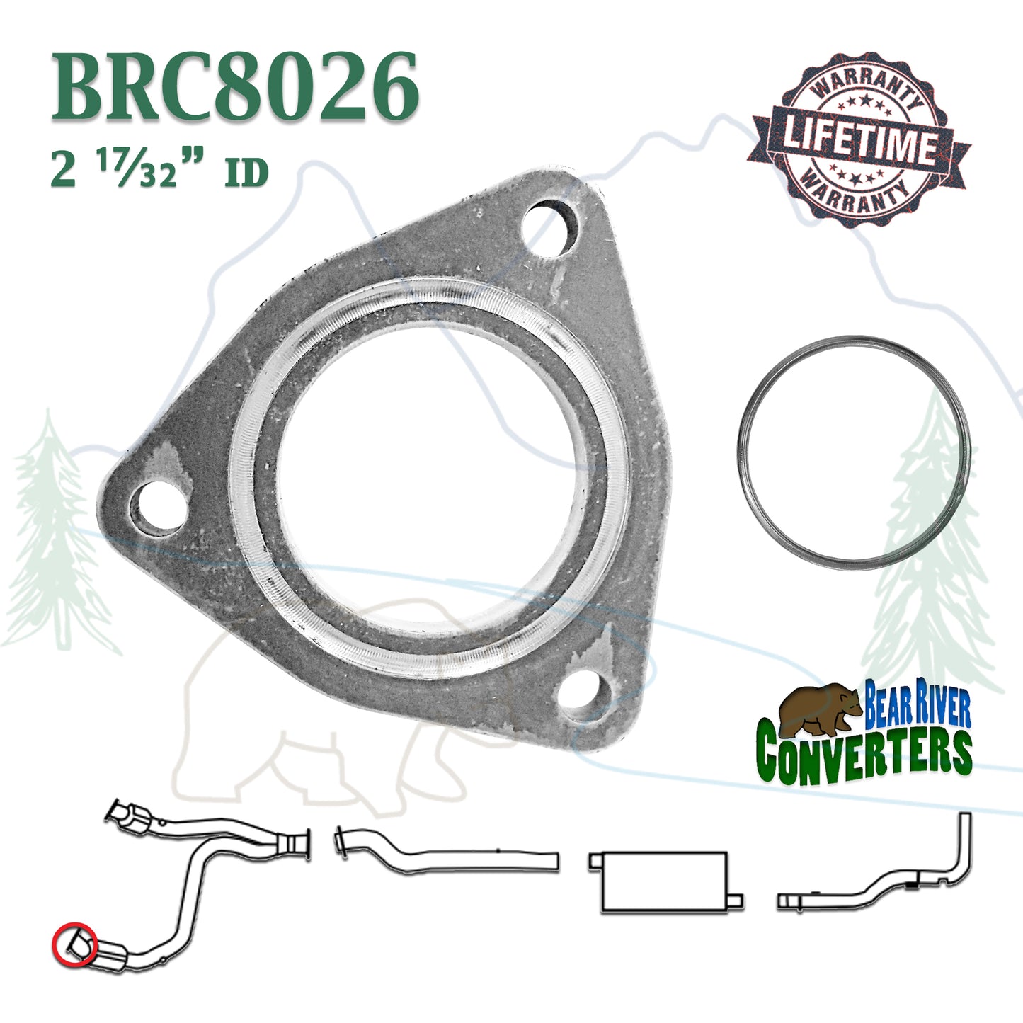 BRC8026 Right Passenger Side Y Pipe Triangle Exhaust Flange w/ Gasket 2 1/2" 2.5"