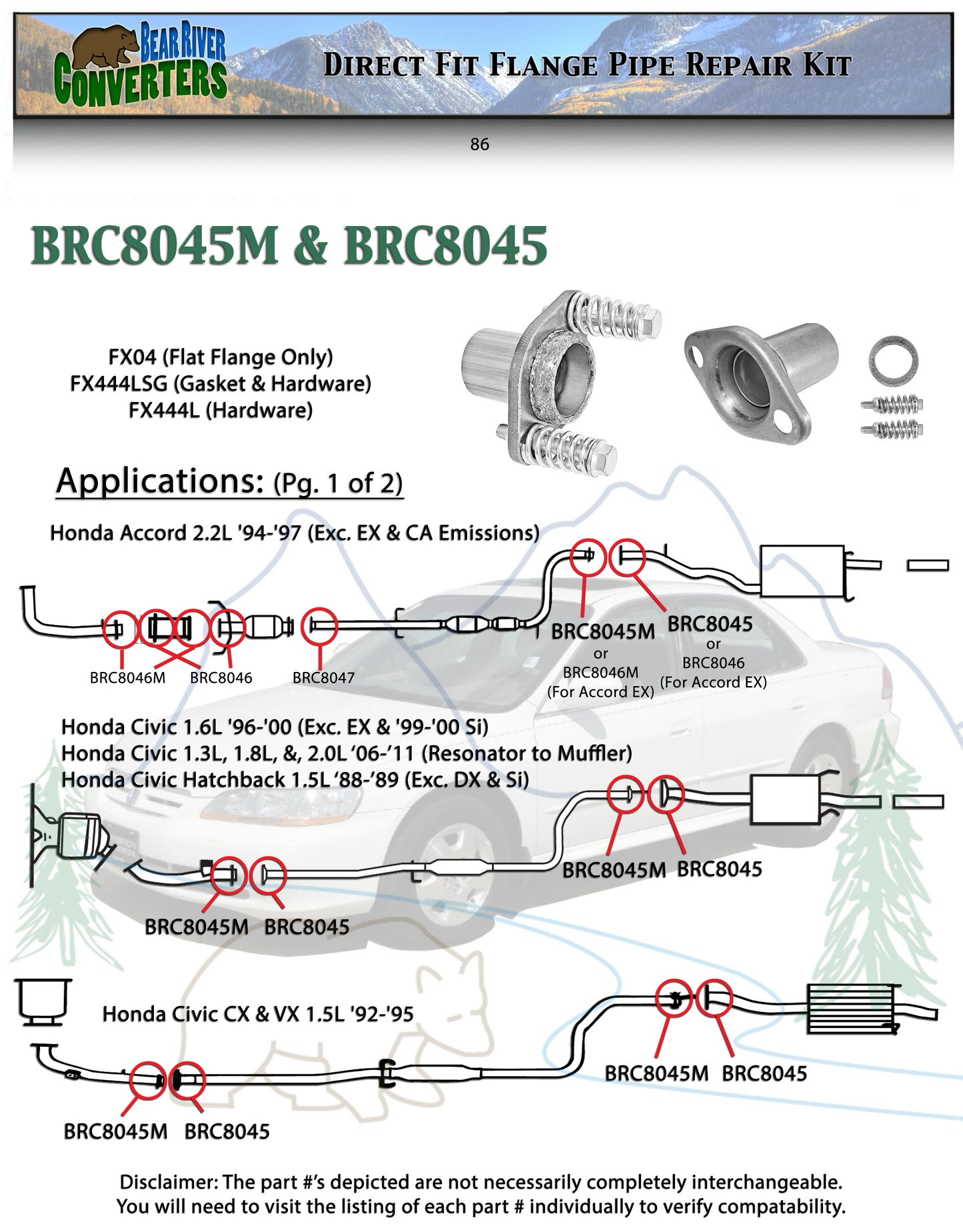 BRC8045 1 3/4" Semi Direct Fit Exhaust Muffler Pipe Flange Repair Kit w/ Gasket