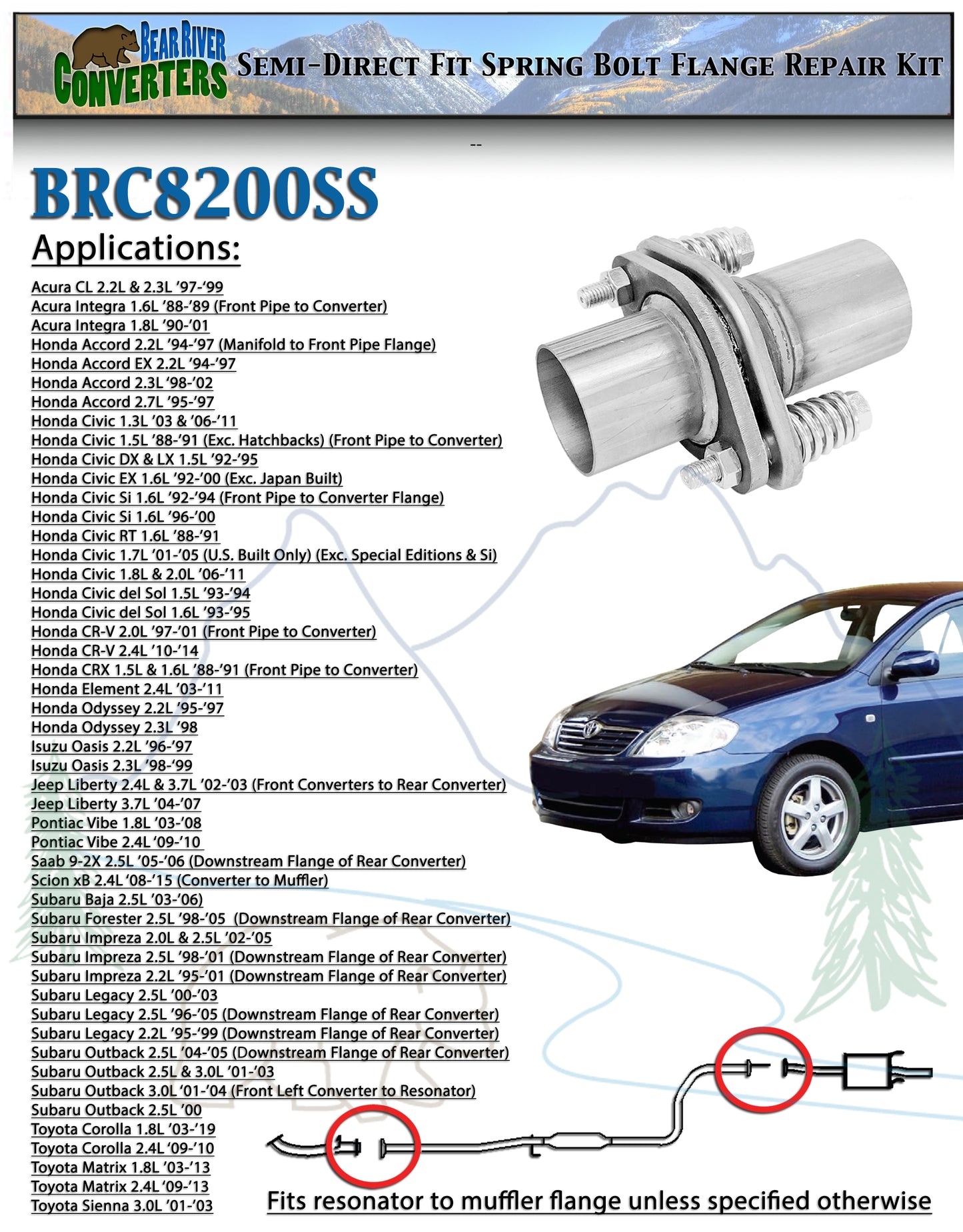 BRC8200SS 2" Exhaust Muffler Flange Pipe Repair Spherical Joint Semi Direct Fit Kit