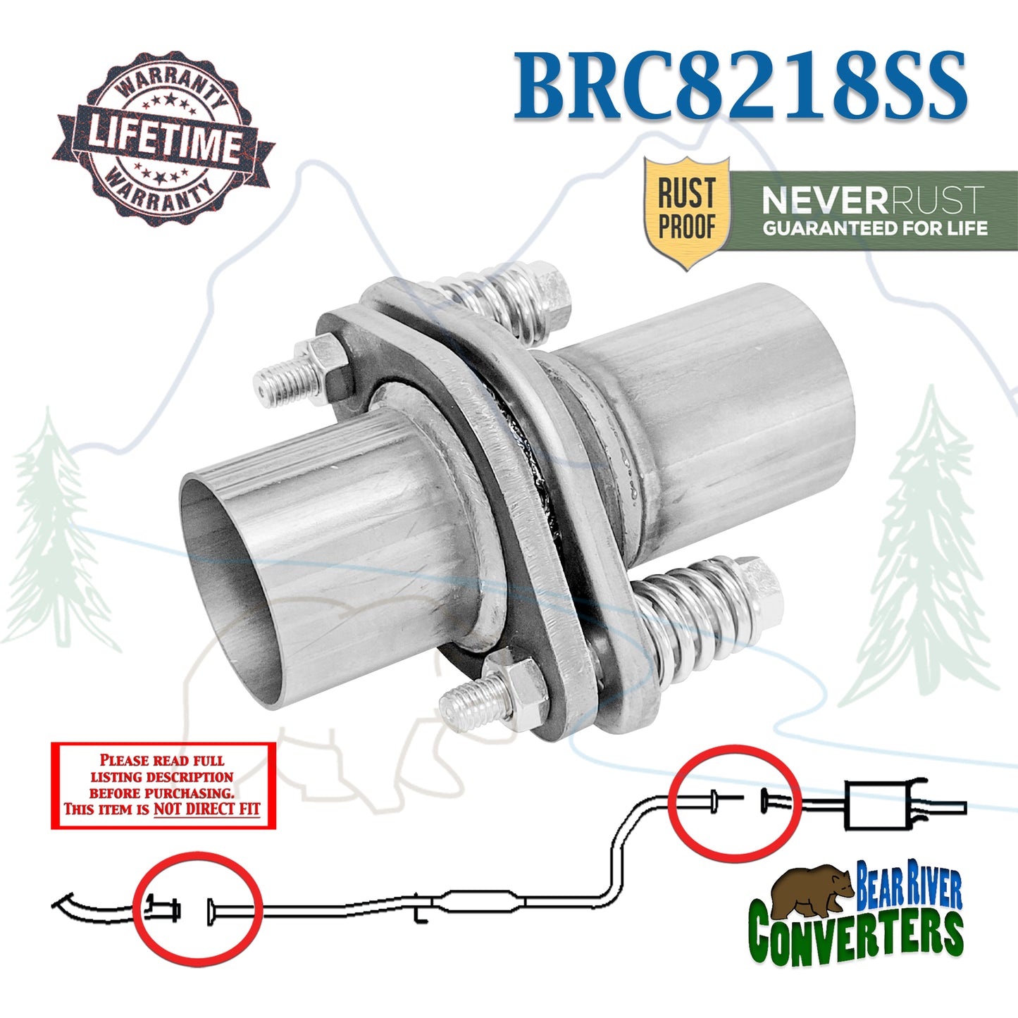 BRC8218SS 2 1/8" 2.125" Exhaust Muffler Flange Pipe Repair Spherical Joint Semi Direct Fit Kit