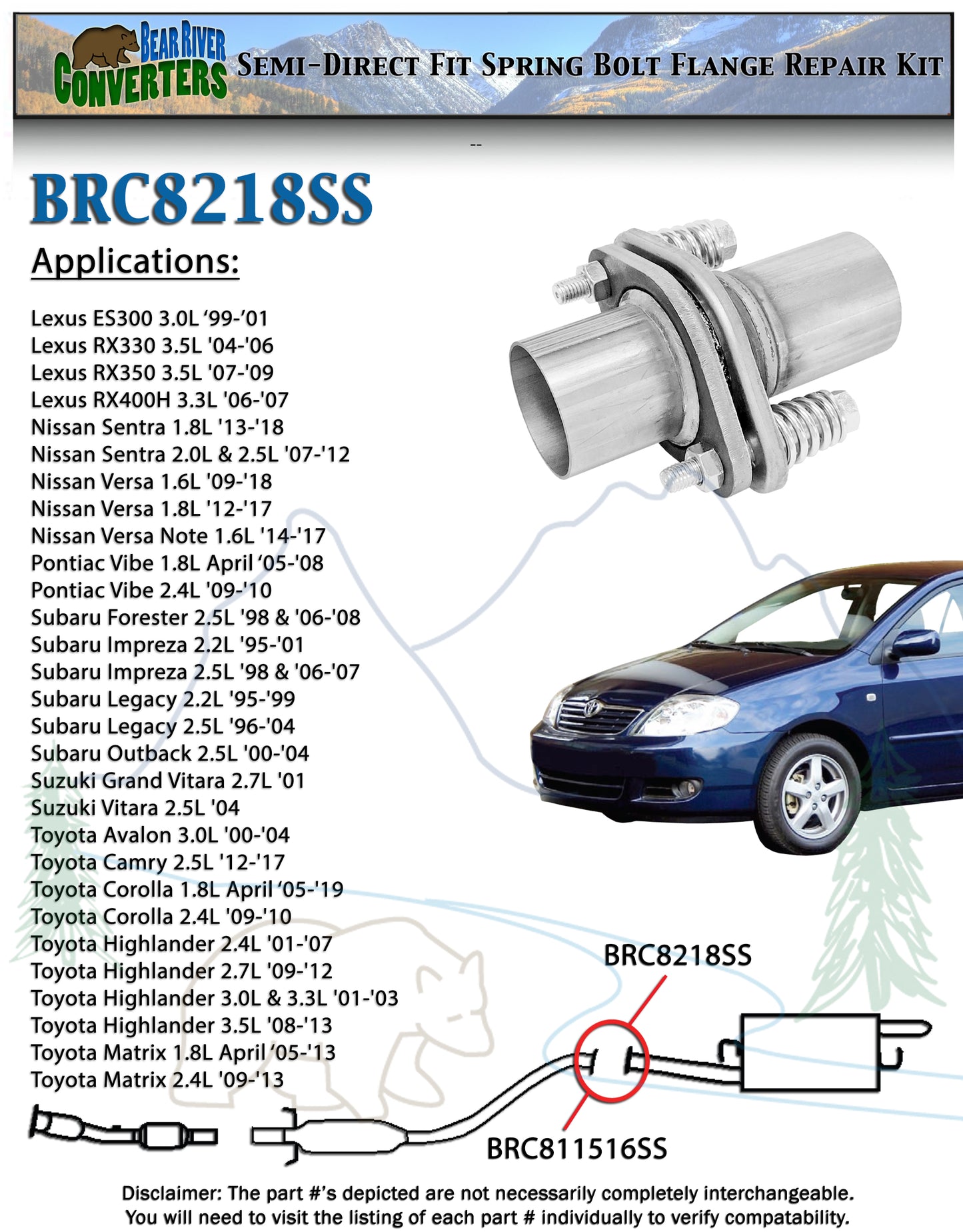 BRC8218SS 2 1/8" 2.125" Exhaust Muffler Flange Pipe Repair Spherical Joint Semi Direct Fit Kit