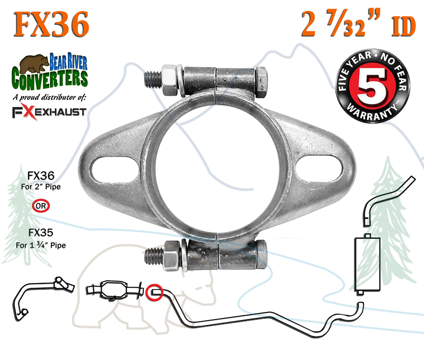 FX36 2 1/4" 2.25" ID Exhaust Flange Formed Oval Side Split For 2" OD Flared Pipe