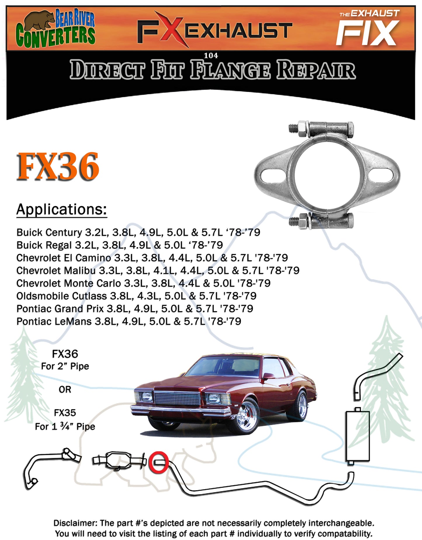 FX36 2 1/4" 2.25" ID Exhaust Flange Formed Oval Side Split For 2" OD Flared Pipe