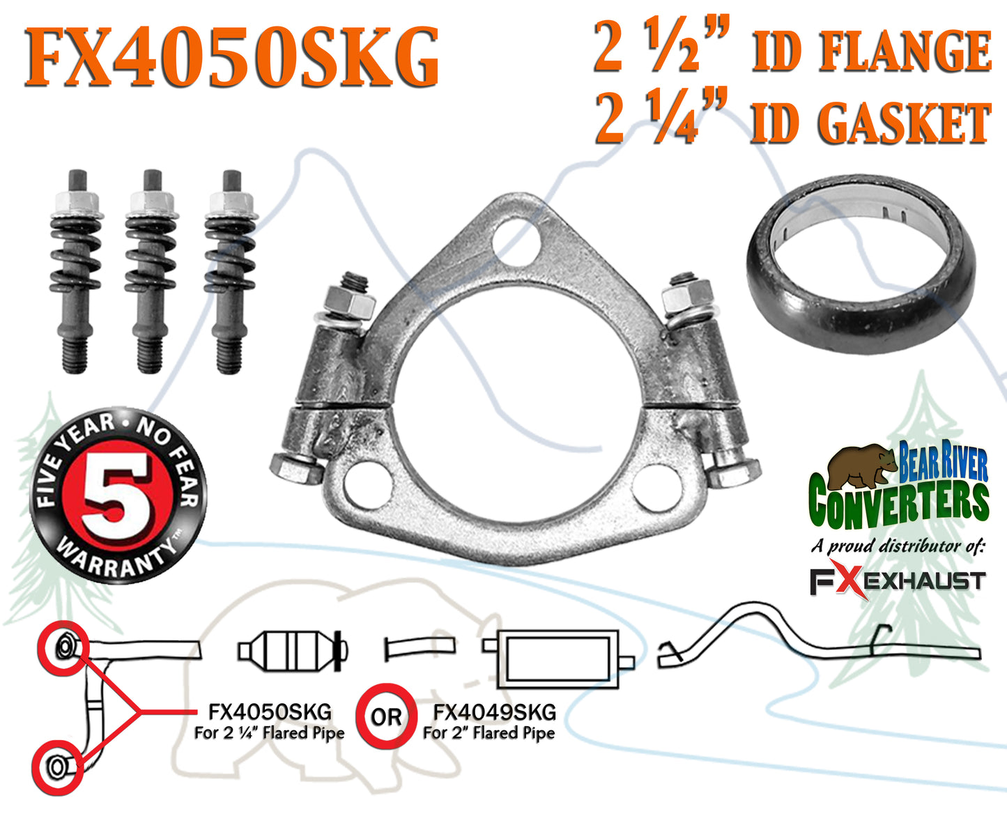 FX4050SKG 2 1/2" Triangle Exhaust Split Flange Kit For 2 1/4" OD Flared Y Pipe