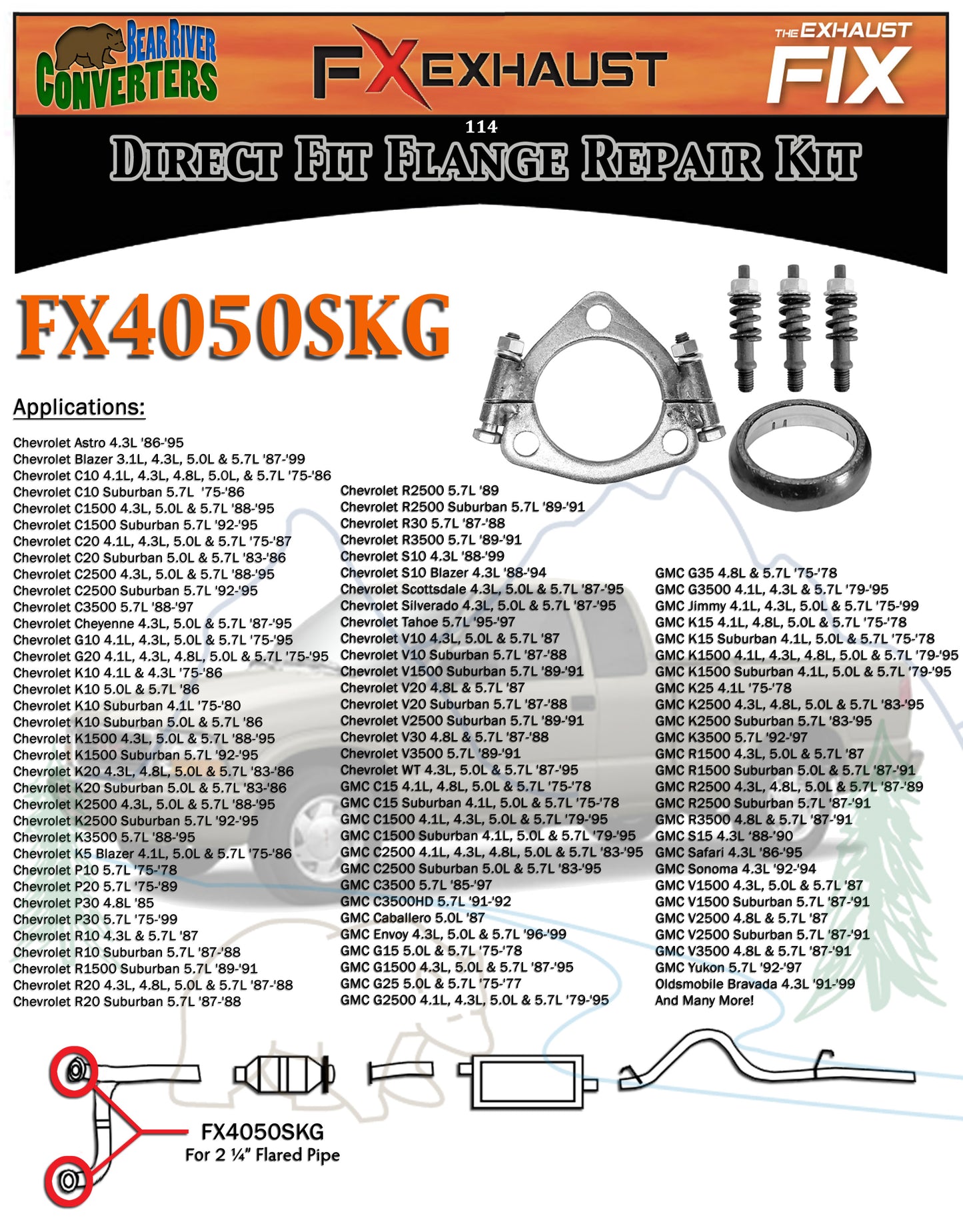 FX4050SKG 2 1/2" Triangle Exhaust Split Flange Kit For 2 1/4" OD Flared Y Pipe