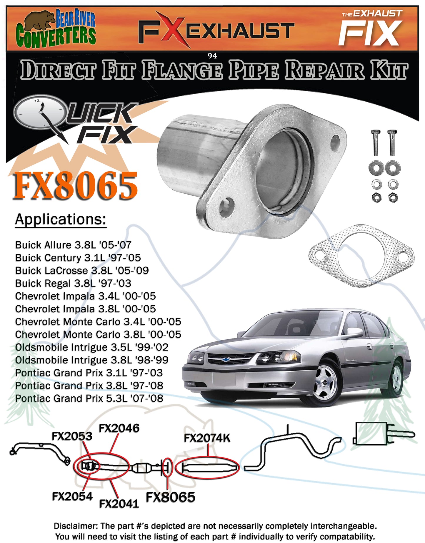 FX8065 2 1/4" Semi Direct Fit Exhaust Converter Pipe Flange Repair Kit w/ Gasket