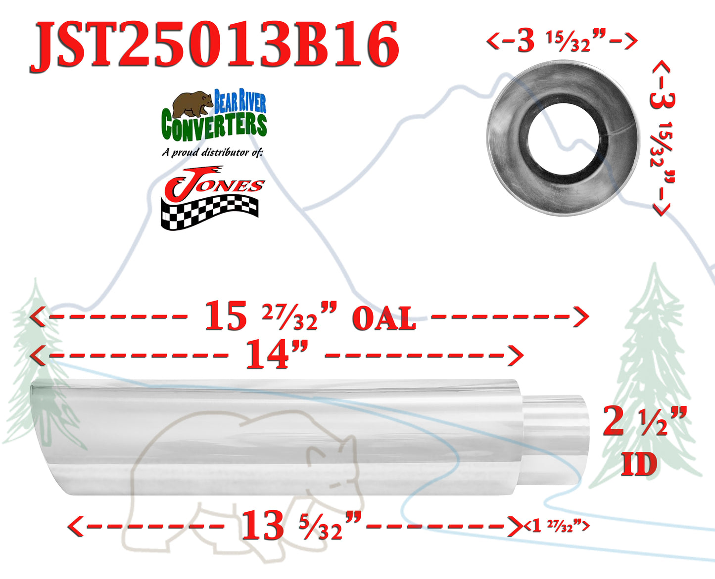 JST25013B16 2.5" Stainless Round Truck Exhaust Tip 2 1/2" In 3 1/2" Out 16" Long